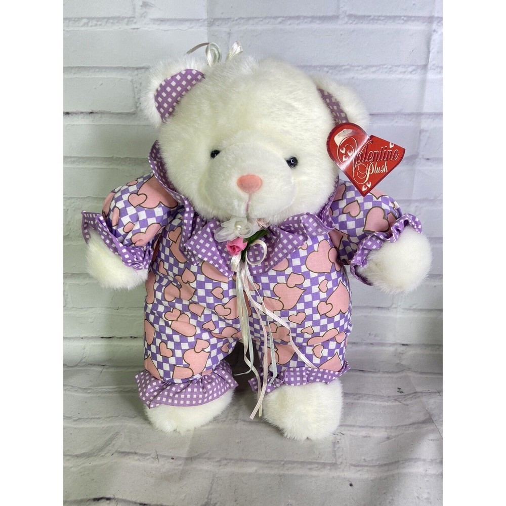 Vintage 1997 Anco Teddy Bear Plush Stuffed Animal Pink Hearts Purple Valentines